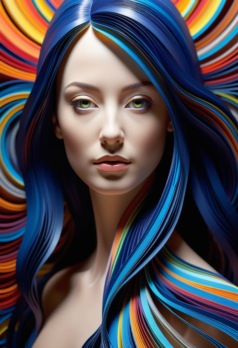 Paper kirigami quilling portrait art, beautiful supermodel made of cybernetic digital binary barcode data in the style of Synesthesia, Floating long hair, vector dot matrix futuristic, fractal art, waves cresting in perfect spirals, luminogram jewel - tone metallic gradients, waves electrified with illuminated circuitry, cinema4d, octane render, highly detailed, algorithmic symmetry, cinematic lighting, ultra realistic, 8k, Unreal Engine, insanely detailed, UHD
