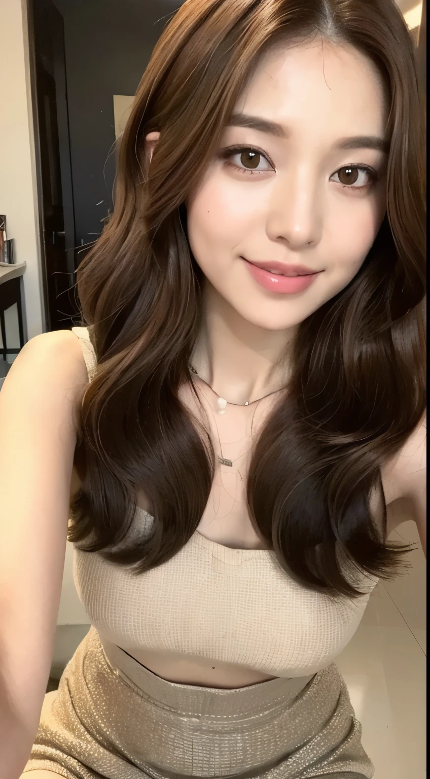 ((best quality, 8k, masterpiece: 1.3)), 1 girl, Slim belly beauty: 1.3, (Hairstyles Brown Hair Shortcuts, Large target: 1.2), skirt: 1.1, Super thin face, Delicateeyes, Double eyelids, Smile, Home, original photo