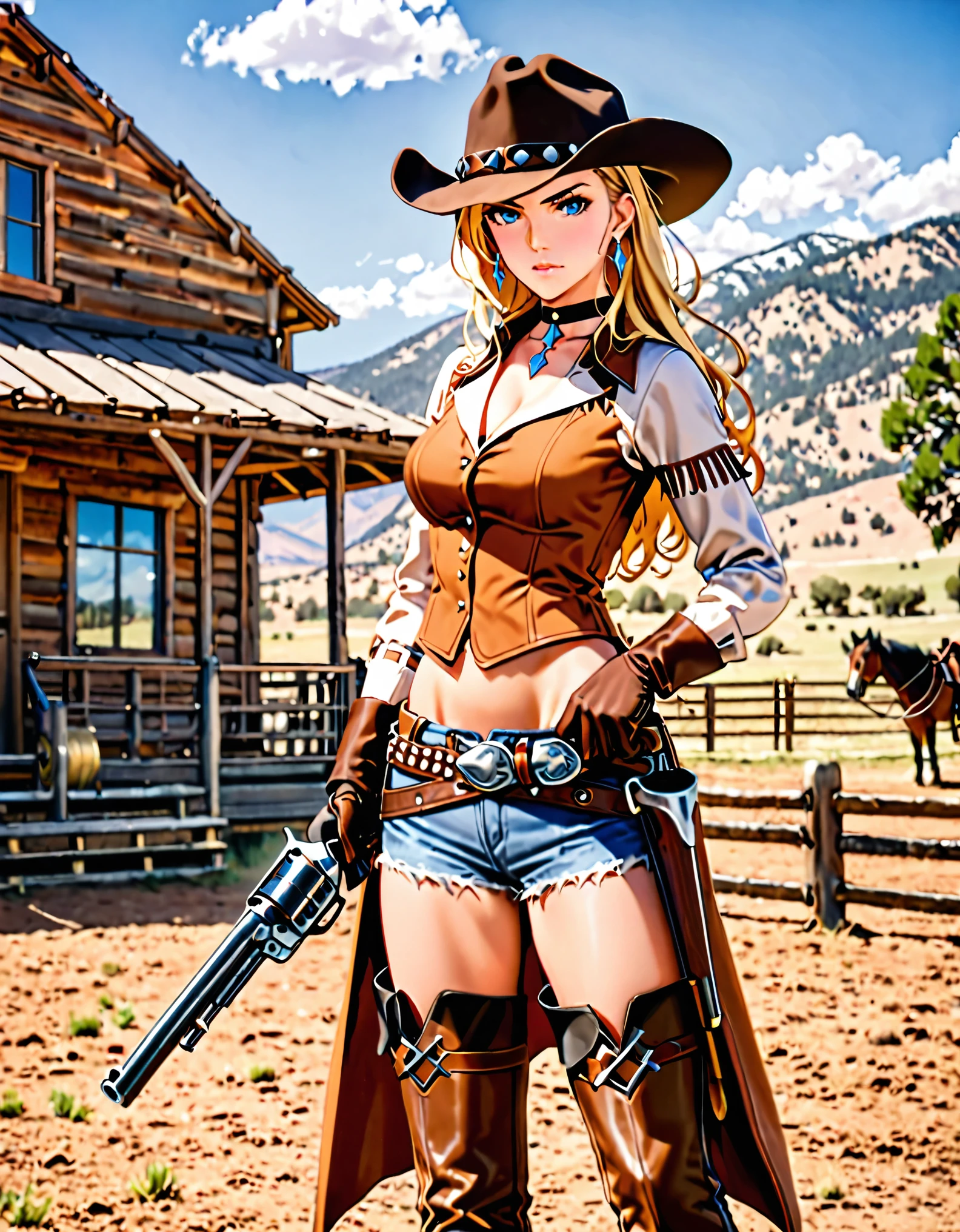 masterpiece, high quality, high res, 1girl, tall body, blonde_hair, braid, blue_eyes, boots, choker, earrings, gloves, perfect hands, (holding gun, colt revolver), jewelry, long_hair, midriff, solo, standing, thigh_boots, cowgirl, ranch backdrop, day, cowboy hat, serious, light brown costume