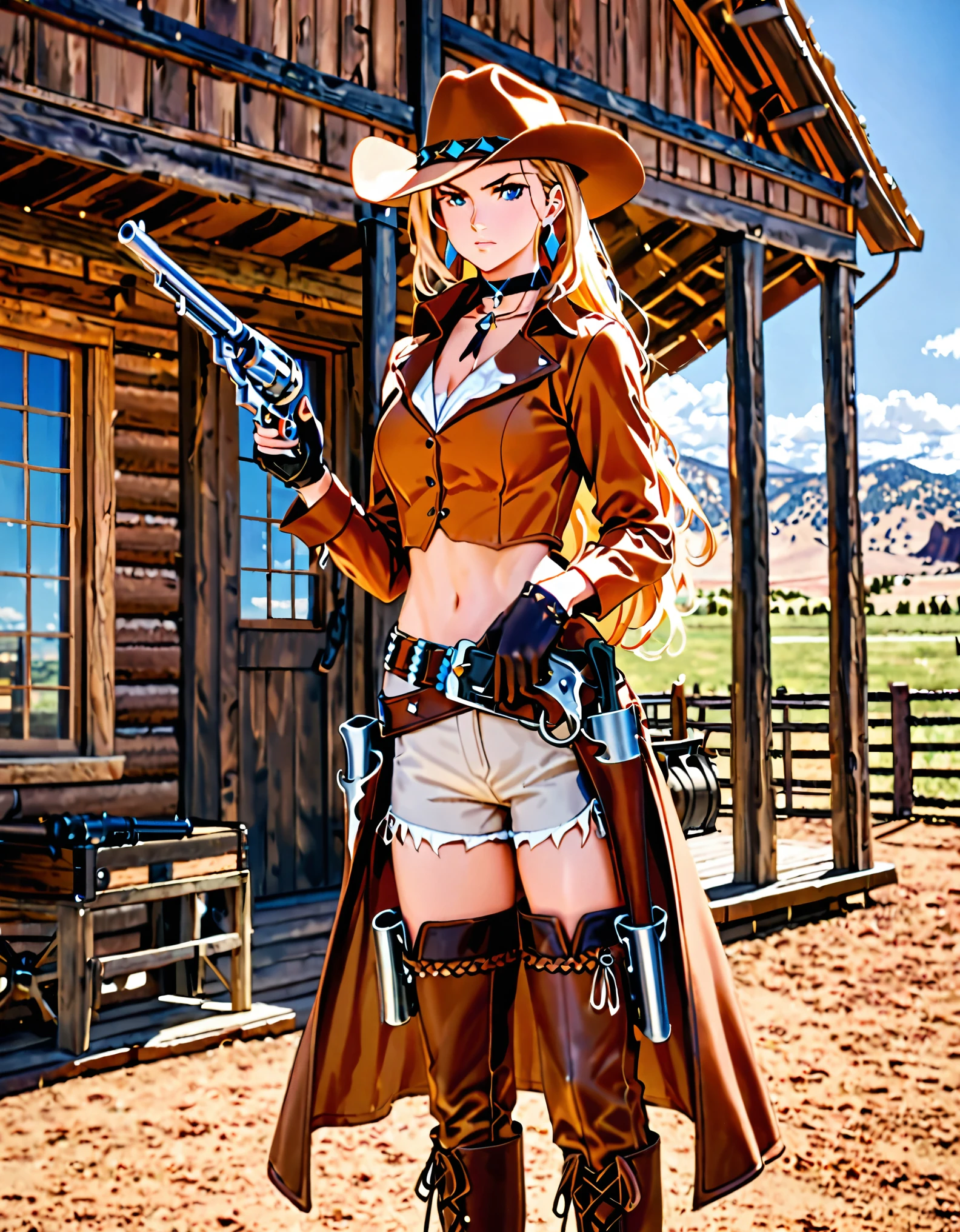 masterpiece, high quality, high res, 1girl, tall body, blonde_hair, braid, blue_eyes, boots, choker, earrings, gloves, perfect hands, (holding gun, colt revolver), jewelry, long_hair, midriff, solo, standing, thigh_boots, cowgirl, ranch backdrop, day, cowboy hat, serious, light brown costume