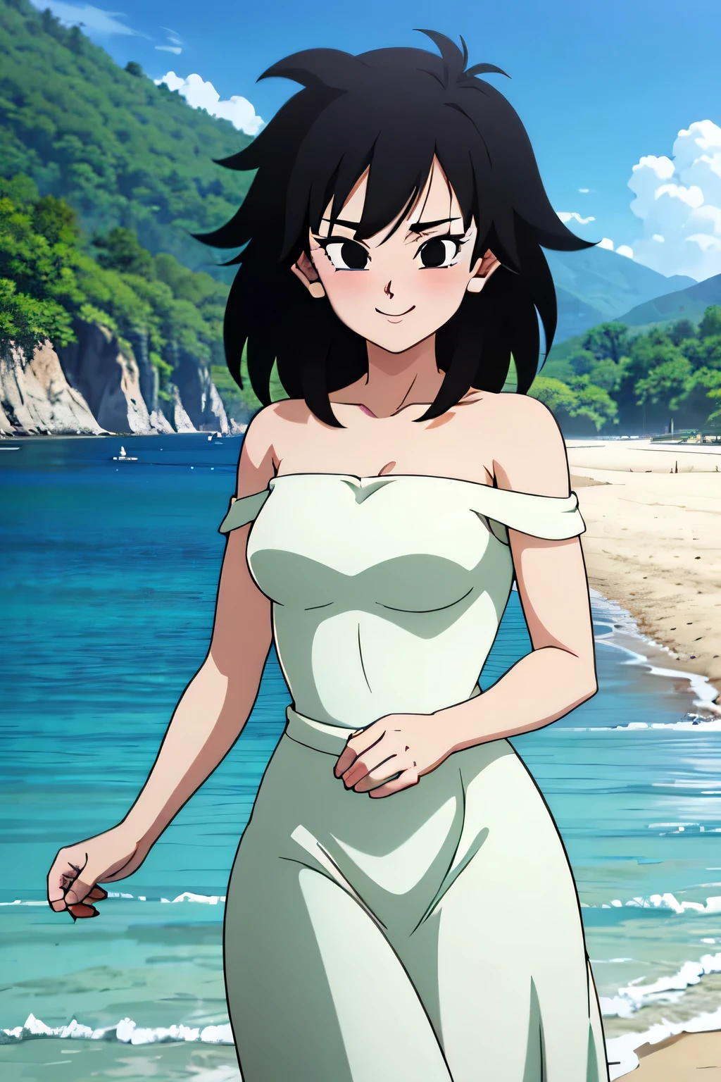 anime screencap, masterpiece, best quality, highres, outdoors, small breasts, gine, spiky black hair, 1 girl, Solo, Black Eyes, Good hands are down, Smile, Blushing, Bare Neck, Bare Shoulders, strapless, White Ruffle Off-the-Shoulder maxi dress. Cowboy shot. A landscape of the beach, sea, blue skies, sand beach. In the center. Walking on the beach Far from the bottom, looking at viewers