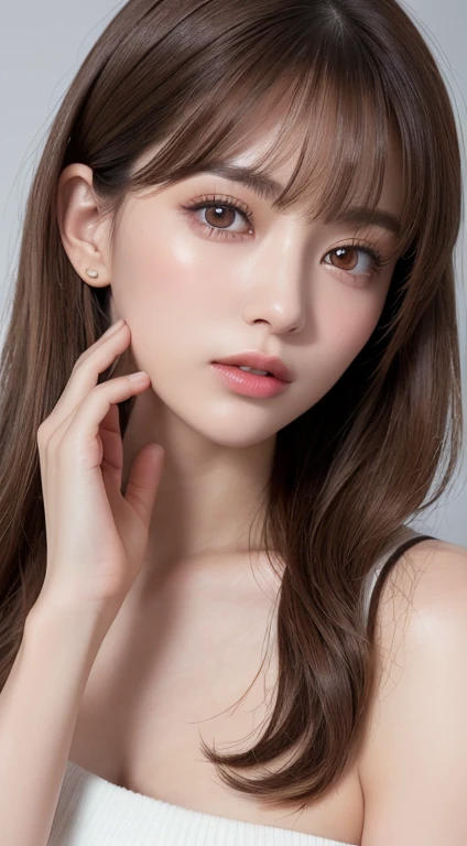 1 female, Light brown hair, Blunt bangs, Hair behind the ear, Hair that falls over the shoulders, Long Hair, Ultra Fine Face, Thin face, Delicate lips, (Beautiful Eyes:1.5), Lightly reddish, eyes are light brown,See this, Ultra-fine needle, very thin fingers, The optimal ratio is four fingers to one thumb., Nipples, Port Area ,First Person View, 8k, Tabletop, Hmph, Super Detail, high quality, 最high quality, High resolution,