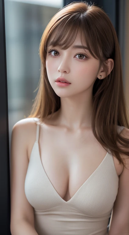 1 female, Light brown hair, Blunt bangs, Hair behind the ear, Hair that falls over the shoulders, Long Hair, Ultra Fine Face, Thin face, Delicate lips, (Beautiful Eyes:1.5), Lightly reddish, eyes are light brown,See this, Ultra-fine needle, very thin fingers, The optimal ratio is four fingers to one thumb., Nipples, Port Area ,First Person View, 8k, Tabletop, Hmph, Super Detail, high quality, 最high quality, High resolution,