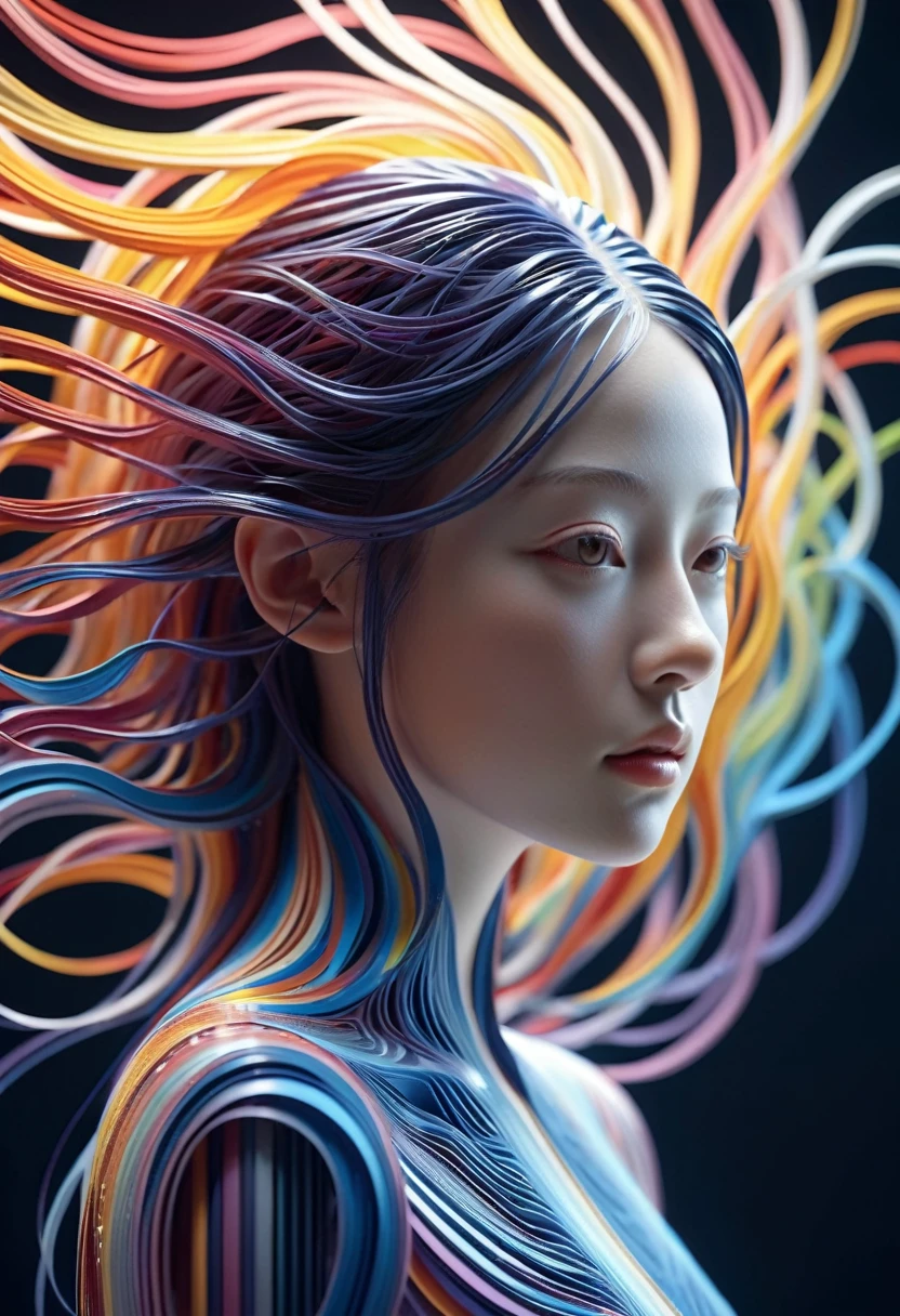 Paper kirigami quilling portrait art, beautiful supermodel made of cybernetic digital binary barcode data in the style of Synesthesia, Floating long hair, vector dot matrix futuristic, fractal art, waves cresting in perfect spirals, luminogram jewel - tone metallic gradients, waves electrified with illuminated circuitry, cinema4d, octane render, highly detailed, algorithmic symmetry, cinematic lighting, ultra realistic, 8k, Unreal Engine, insanely detailed, UHD