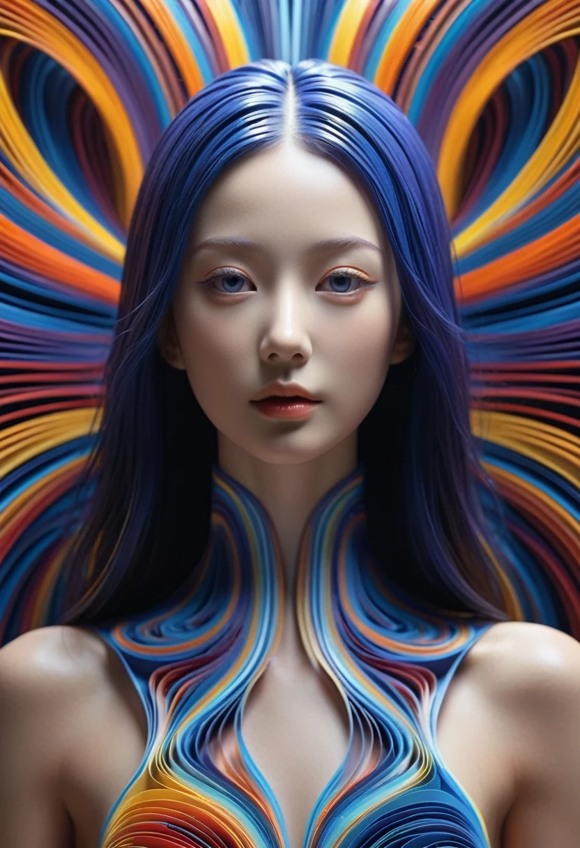 Paper kirigami quilling portrait art, beautiful supermodel made of cybernetic digital binary barcode data in the style of Synesthesia, Floating long hair, vector dot matrix futuristic, fractal art, waves cresting in perfect spirals, luminogram jewel - tone metallic gradients, waves electrified with illuminated circuitry, cinema4d, octane render, highly detailed, algorithmic symmetry, cinematic lighting, ultra realistic, 8k, Unreal Engine, insanely detailed, UHD