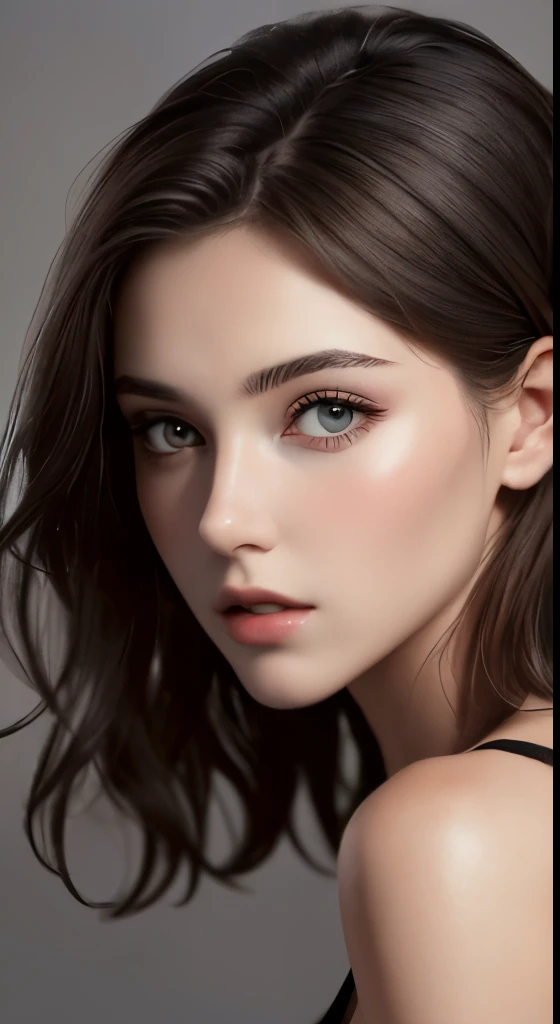 masterpiece, Highest quality, {Highest quality}, {{masterpiece}}, {High resolution}, 8K uhd、RAWphotograph、モデルphotograph撮影、 European race、(masterpiece、Highest quality、Photorealistic、High resolution、photograph:1.3)、Close-up、Focusing、Hot Model、slim、30 year old mature woman、Small face、No makeup、short hair、Dark Hair、Thin beautiful eyes、Real Skin、(perfect body)、Detailed beautiful eyes、Glossy lips、Small breasts、Small breasts、Bust B cup、Realistic details、Cool beauty、Sexy pose、Background gray、Plain gray background