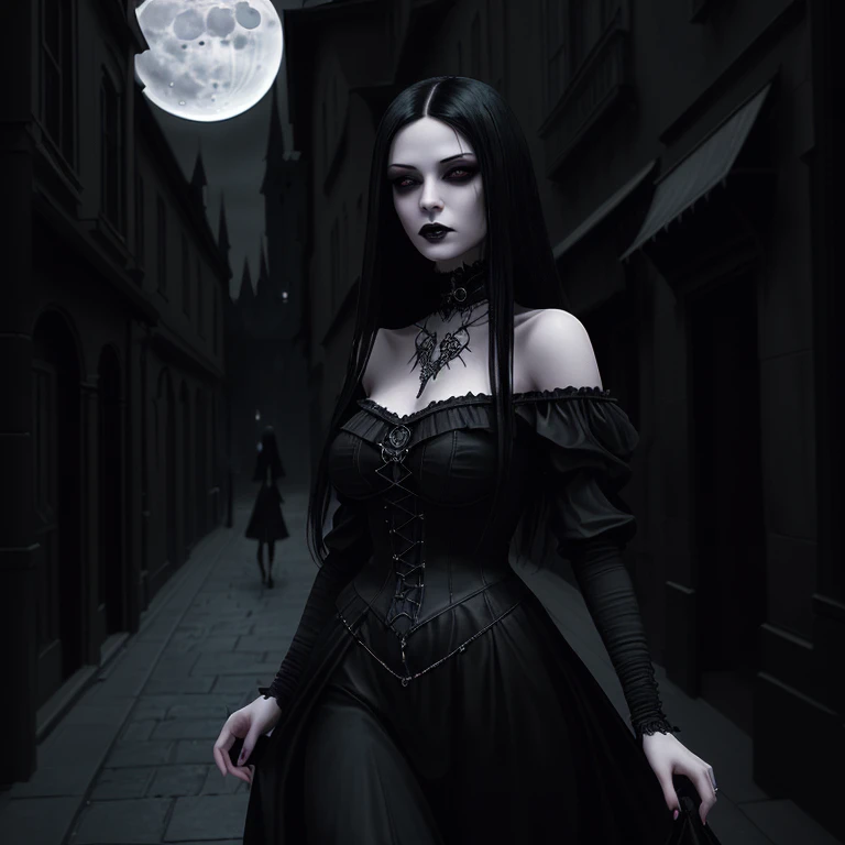 young beautiful goth woman with long straight black hair in a short black dress walks through a gothic city, moonlight, gothic fashion, dark fantasy style, hyperrealistic, realism, digital art, cinematic, perfect contrast, high sharpness, depth of field, ultra-detailed photography, global illumination , smoothness