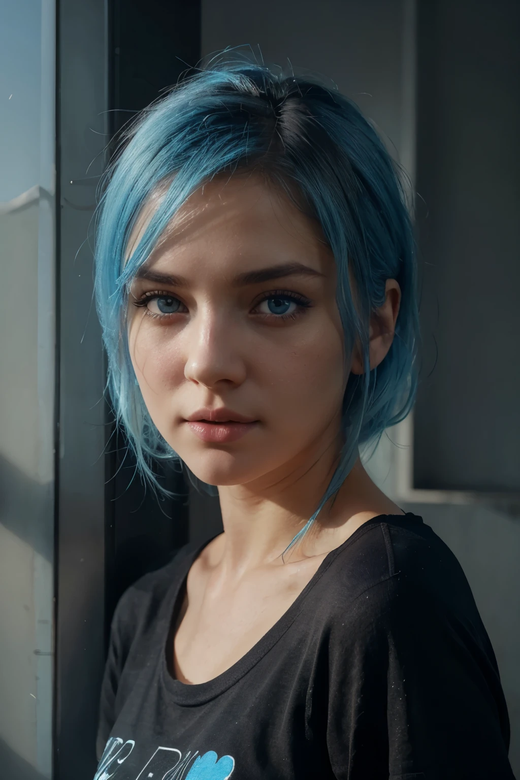 wearing cute black tshirt, portrait, beautiful face, light blue hair, beautiful eyes, open eyes, hyper realistic, realistic texture, natural lighting, unreal engine, trend in artstation, cinestill 800