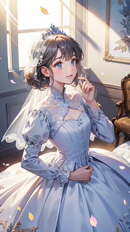 ((best quality)), ((masterpiece)) WEDDING PRINCESS DRESS, light ray, lens flare, white petals, long coated cat, exotic