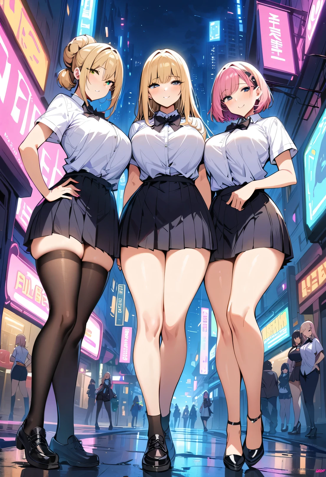 ant view,full body,leg,Cyberpunk City, Street, Night, neon light, neon sign, masterpiece, best quality, highres, JK,huge tit,3girls,black bow,black bowtie,blonde hair,bow,bowtie,breasts,hair bun,,long hair,looking at viewer,multiple girls,pink hair,pleated skirt,shirt tucked in,short hair,skirt,smile,tented shirt