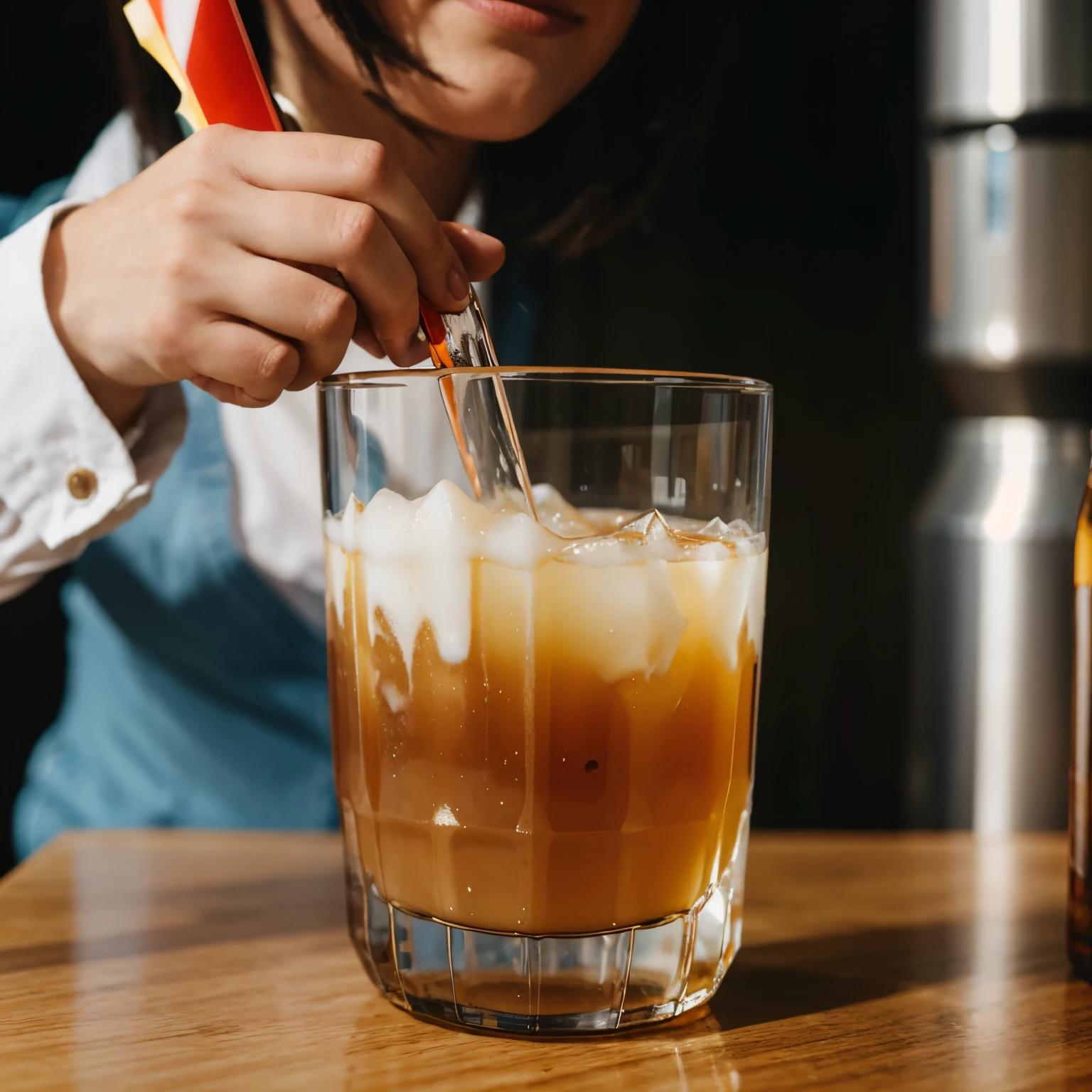 A glass with liquid with person drink in
