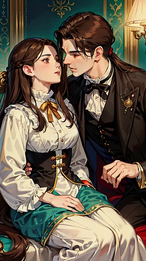 ((masterpieces)), best quality, outstanding illustration, a couple kissing, soft focus, 1 man with long black hair, RED EYES, 1 girl with long brown hair, BROWN EYES, Victorian clothes, Victorian romanticism, opulent and exquisite atmosphere, soft light and warm lighting. (((SPECIFIC CHARACTERISTICS)))