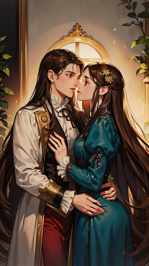 ((masterpieces)), best quality, outstanding illustration, a couple kissing, soft focus, 1 man with long black hair, RED EYES, 1 girl with long brown hair, BROWN EYES, Victorian clothes, Victorian romanticism, opulent and exquisite atmosphere, soft light and warm lighting. (((SPECIFIC CHARACTERISTICS)))