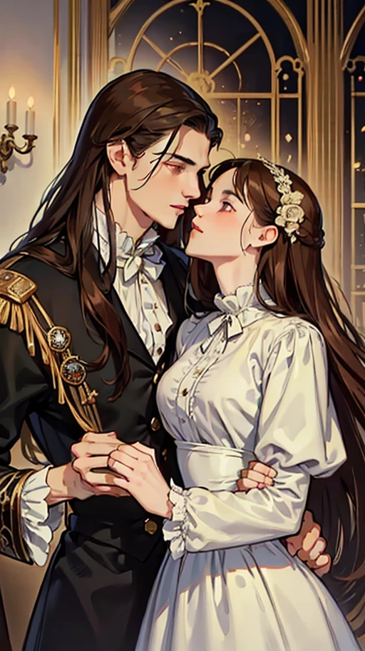 ((masterpieces)), best quality, outstanding illustration, a couple kissing, soft focus, 1 man with long black hair, RED EYES, 1 girl with long brown hair, BROWN EYES, Victorian clothes, Victorian romanticism, opulent and exquisite atmosphere, soft light and warm lighting. (((SPECIFIC CHARACTERISTICS)))