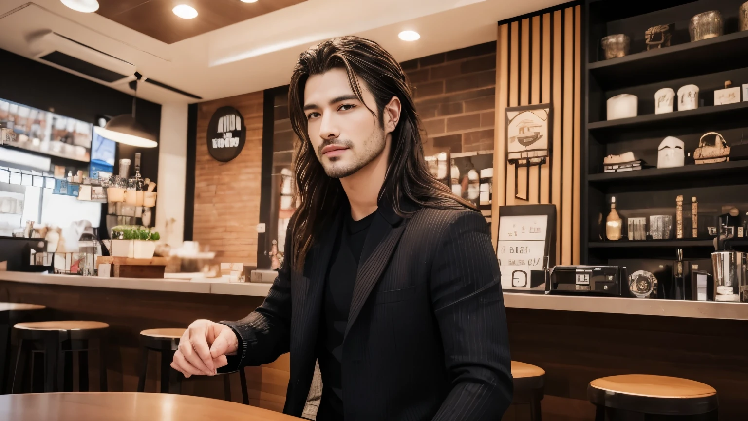 musician、Breezy, 30代のa handsome guy性、(Super cool S-class guy)、Japanese Male, 30 years old、、inside a stylish cafeで撮影、a handsome guy、(CG Unity 8K high resolution photo)、(Very detailedSクラスのa handsome guy性)、(Realistic)、(highest quality))、Very detailed、super high quality、expensive、audience、kind person、Very beautiful hair Perm Hair、Bright photo、Handsome like a model、Handsome like an idol、Looking at the camera、inside a stylish cafe、Stubble、Long Hair、Long Hair、Wild and cool handsome guy