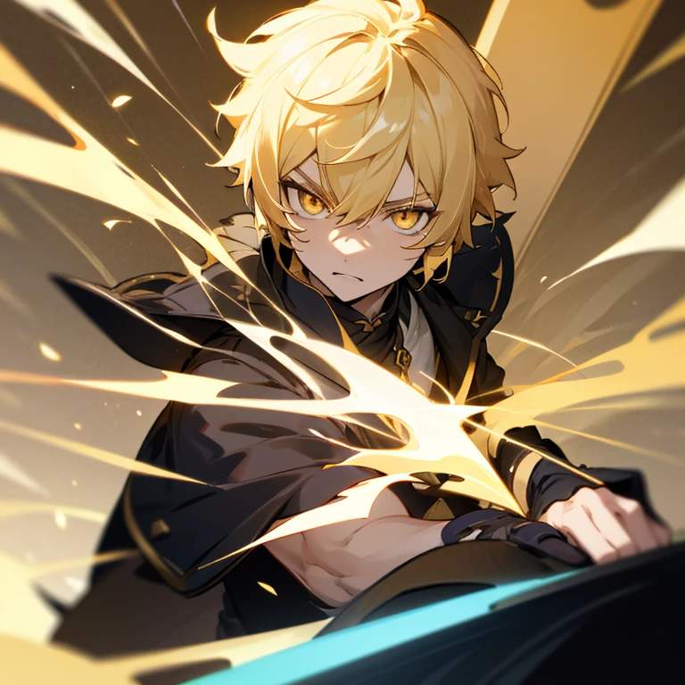 Aether from Genshin Impact. Blonde boy. Short hair. Golden Eyes. Serious expression. Glowing eyes.