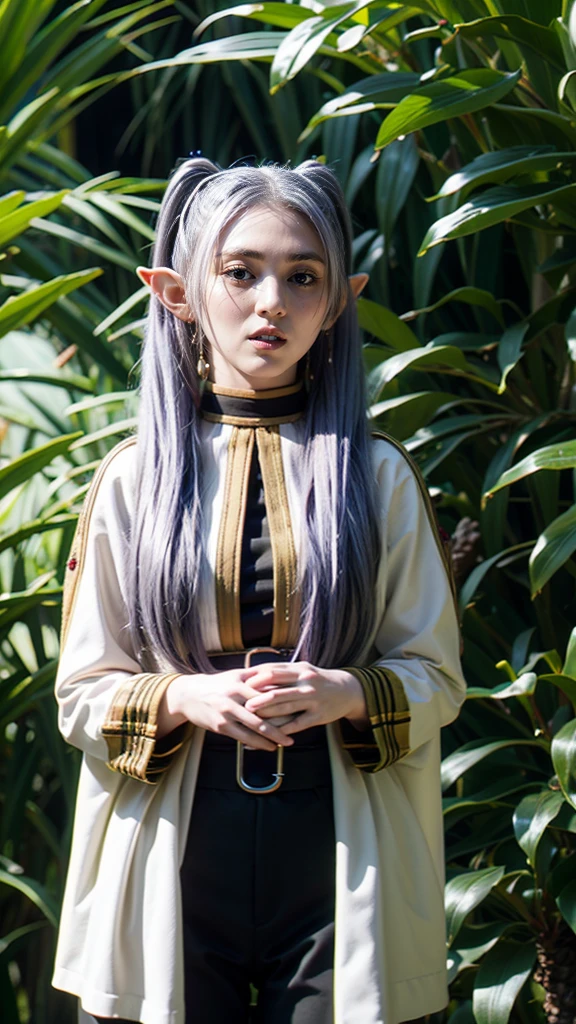 cosmieyes, frieren, frieren, long hair, twintails, (green eyes:1.5), grey hair, pointy ears, elf, shirt, long sleeves, jewelry, pantyhose, earrings, striped, black pantyhose, capelet, striped shirt, looking at viewer, upper body, outdoors, sky, nature, (masterpiece:1.2), best quality, high resolution, unity 8k wallpaper, (beautiful detailed eyes:1.6), extremely detailed face, perfect lighting, extremely detailed CG, (perfect hands, perfect anatomy)
