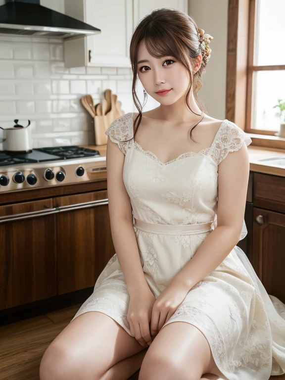 ((highest quality))、(Natural and realistic eyeasterpiece、8K、photograph、reality、Japanese women、1 person、30th Generation、married、From the knee up、kitchen