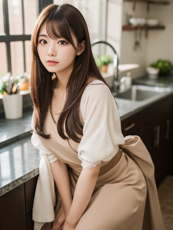 masterpiece, best quality, ultra-detailed, kawaii, cute, lovely, extremely detailed, 4K, 8K, best quality, beautiful, a pretty woman, japanese woman, solo, white blouse, skirt, beautiful light brown hair, beautiful brown eyes, beautiful eyes, long hair, large breast, from behind, sexy buttocks,