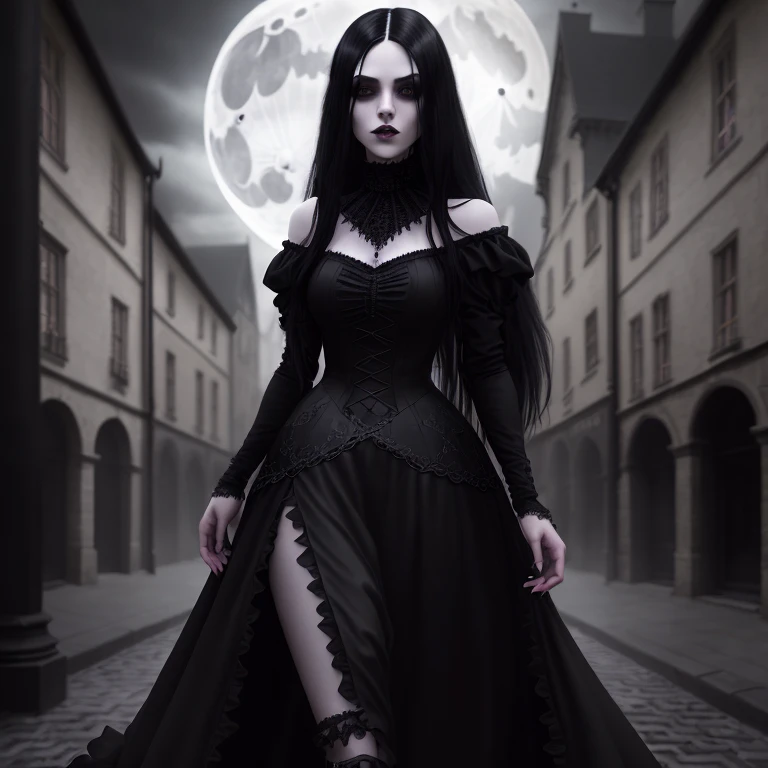 young beautiful goth woman with long straight black hair in a short black dress walks through a gothic city, moonlight, gothic fashion, dark fantasy style, hyperrealistic, realism, digital art, cinematic, perfect contrast, high sharpness, depth of field, ultra-detailed photography, global illumination , smoothness