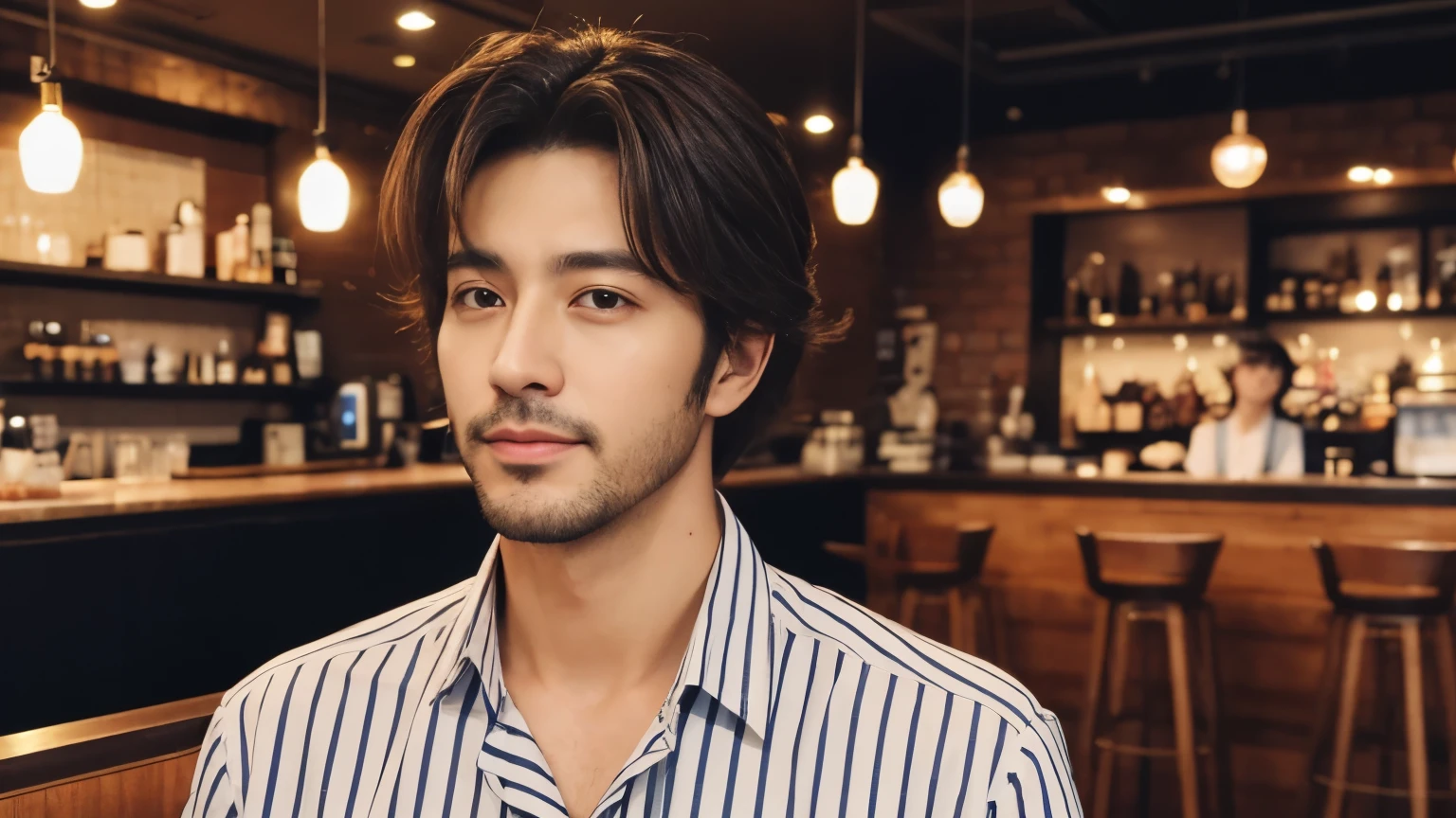 musician、A refreshing handsome man in his 40s、(Super cool S-class guy)、Japanese Male, 40 years old、、Photo taken in a cafe、a handsome guy、(CG Unity 8K high resolution photo)、(Very detailedSクラスのa handsome guy性)、(Realistic)、(highest quality))、Very detailed、super high quality、expensive、audience、kind person、Very beautiful hair Perm Hair、Bright photo、Handsome like a model、Handsome like an idol、Looking at the camera、inside a stylish cafe、Stubble