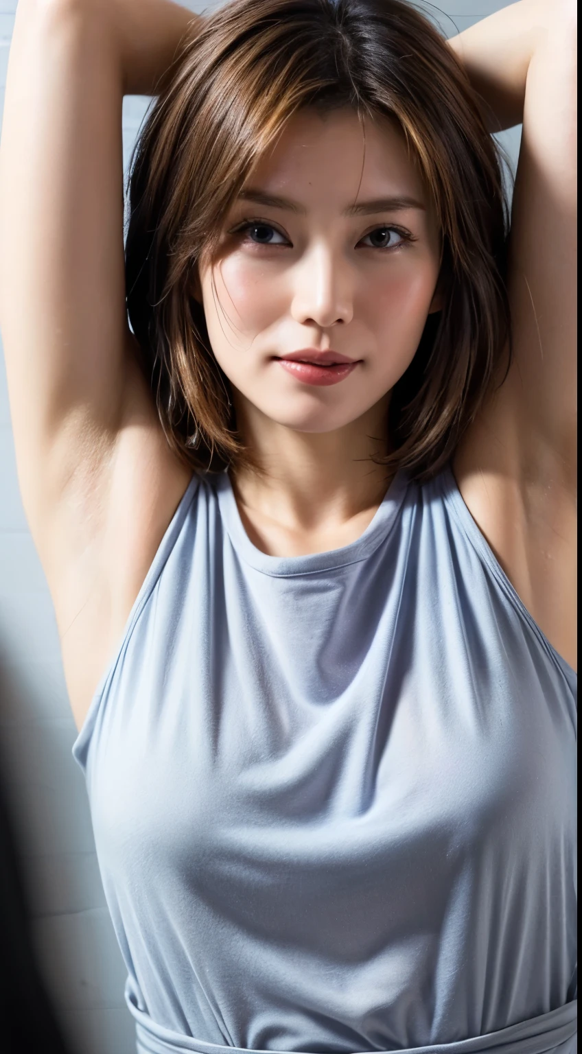 (Ultra HD、Ultra-high resolution、8k、Japanese Housewife、In the kitchen)、Attention in the armpits、((Look Viewer:1.8))、(Extremely realistic skin texture:1.4)、(Realistic:1.3)、short hair、(smile:0.4)、(blonde:1.3)、40-year-old woman、Ponytail hairstyle、(Lift one arm and show your armpit:1.3)、(Face close-up:1.3)、(Sweat:1.4)、Nipples are visible、Showing nipples、Sticking out tongue