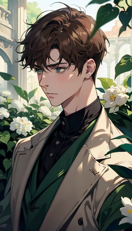 1 boy,male,young people,pale boy,plant,flowers,Low screen contrast,high brightness,brown hair,green eyes,soft light lighting,soft focus,, anime big breasts, Impressionism, movie lighting, close up, ultra high definition, masterpiece, high detail,earphone