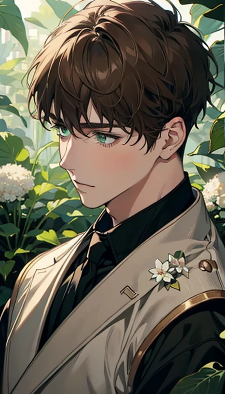 1 boy,male,young people,pale boy,plant,flowers,Low screen contrast,high brightness,brown hair,green eyes,soft light lighting,soft focus,, anime big breasts, Impressionism, movie lighting, close up, ultra high definition, masterpiece, high detail,earphone