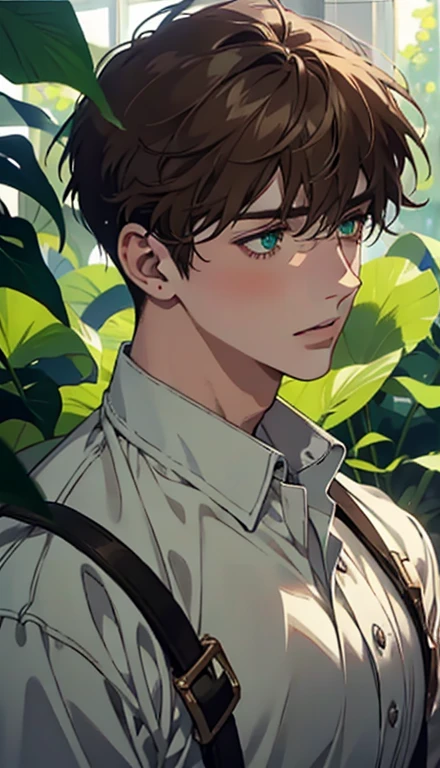 1 boy,male,young people,pale boy,plant,flowers,Low screen contrast,high brightness,brown hair,green eyes,soft light lighting,soft focus,, anime big breasts, Impressionism, movie lighting, close up, ultra high definition, masterpiece, high detail,earphone