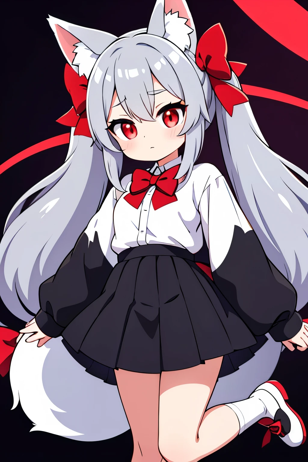 grey hair, long hair, twintails, bangs, hair between eyes, animal ears, fox ears, animal ear fluff, red eyes, tail, fox tail, virtual youtuber,shirt, white shirt, long sleeves, sleeves past wrists, bow, hair bow, red bow, ribbon, skirt, pleated skirt, black skirt,shoes, white footwear,