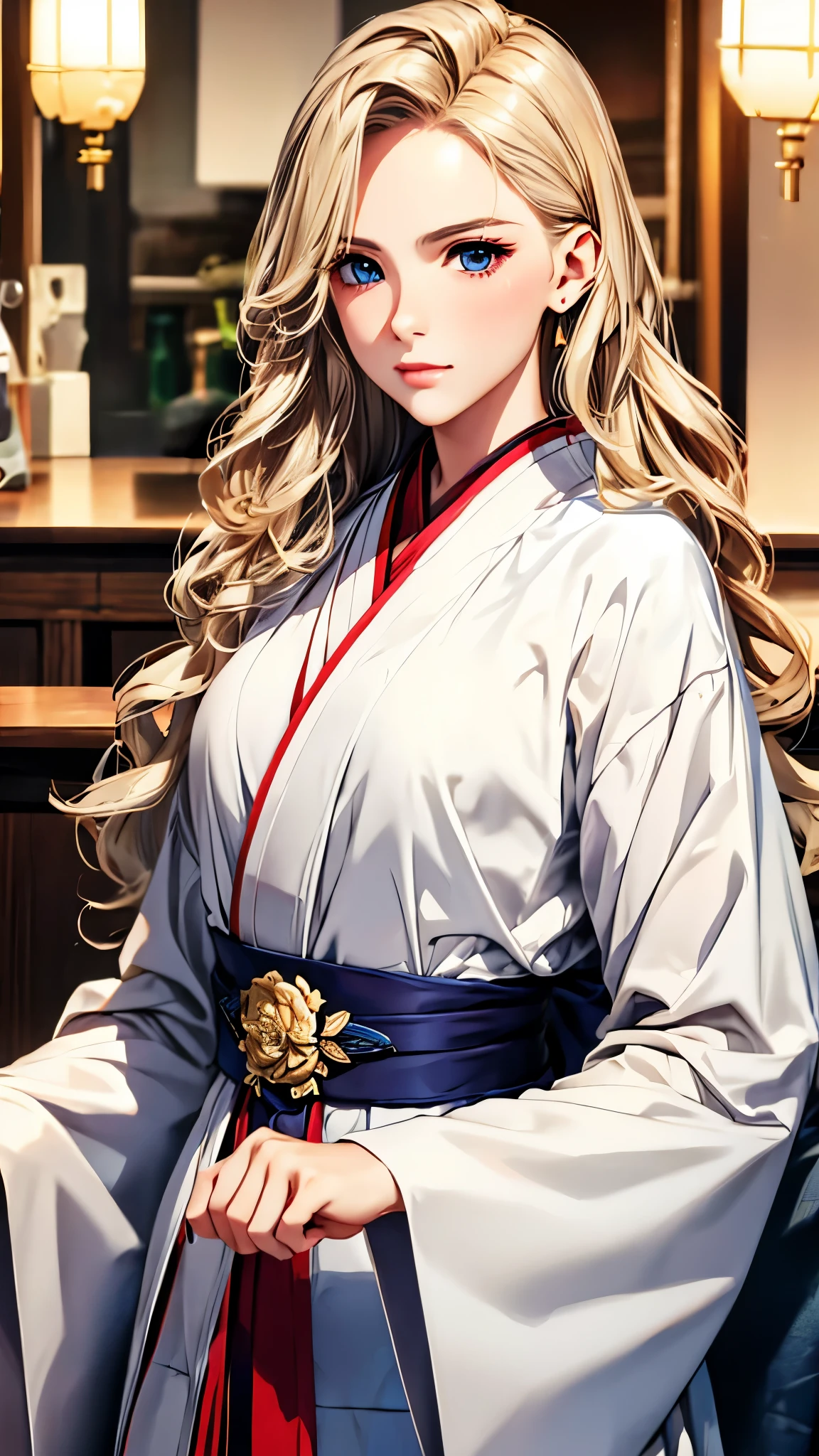 (masterpiece), HD Hanfu women, European and American face, Perfect face, Long blond hair, blue eyes, Very charming.