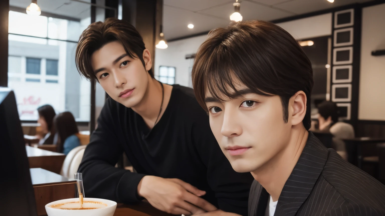 musician、A refreshing handsome man in his 40s、（Super cool S-class guy）、Japanese Male, 40 years old、、Photo taken in a cafe、a handsome guy、（CG Unity 8K high resolution photo）、（Very detailedＳクラスのa handsome guy性）、（Realistic）、（highest quality））、Very detailed、super high quality、expensive、audience、kind person、Very beautiful hair　Perm Hair、Bright photo、Handsome like a model、Handsome like an idol、Looking at the camera、inside a stylish cafe、Stubble