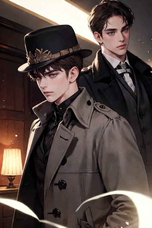 masterpiece, best quality, realistic, 1man, mature male, quiet and charming young man, 25 years old, close his eyes, serious look, extremely detailed face, ((dark grey eyes)), ((short-right-swept dark brown hair)), [thick eyebrows], detective, ((Dressed in a classic overcoat and fedora hat)), cinematic lighting, looking at the audience, posture dynamics, Victorian era