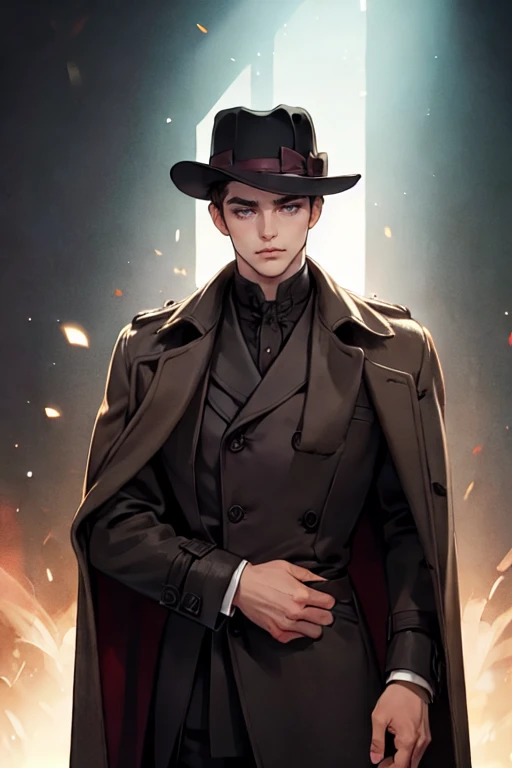 masterpiece, best quality, realistic, 1man, mature male, quiet and charming young man, 25 years old, close his eyes, serious look, extremely detailed face, ((dark grey eyes)), ((short-right-swept dark brown hair)), [thick eyebrows], detective, ((Dressed in a classic overcoat and fedora hat)), cinematic lighting, looking at the audience, posture dynamics, Victorian era