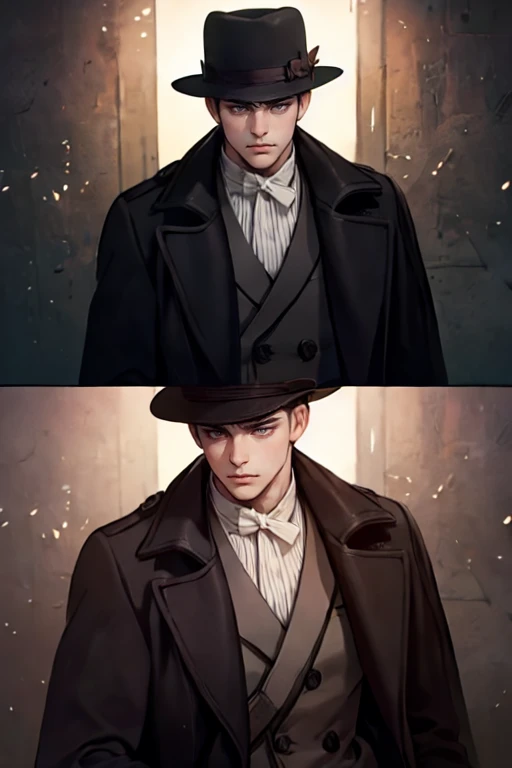 masterpiece, best quality, realistic, 1man, mature male, quiet and charming young man, 25 years old, close his eyes, serious look, extremely detailed face, ((dark grey eyes)), ((short-right-swept dark brown hair)), [thick eyebrows], detective, ((Dressed in a classic overcoat and fedora hat)), cinematic lighting, looking at the audience, posture dynamics, Victorian era