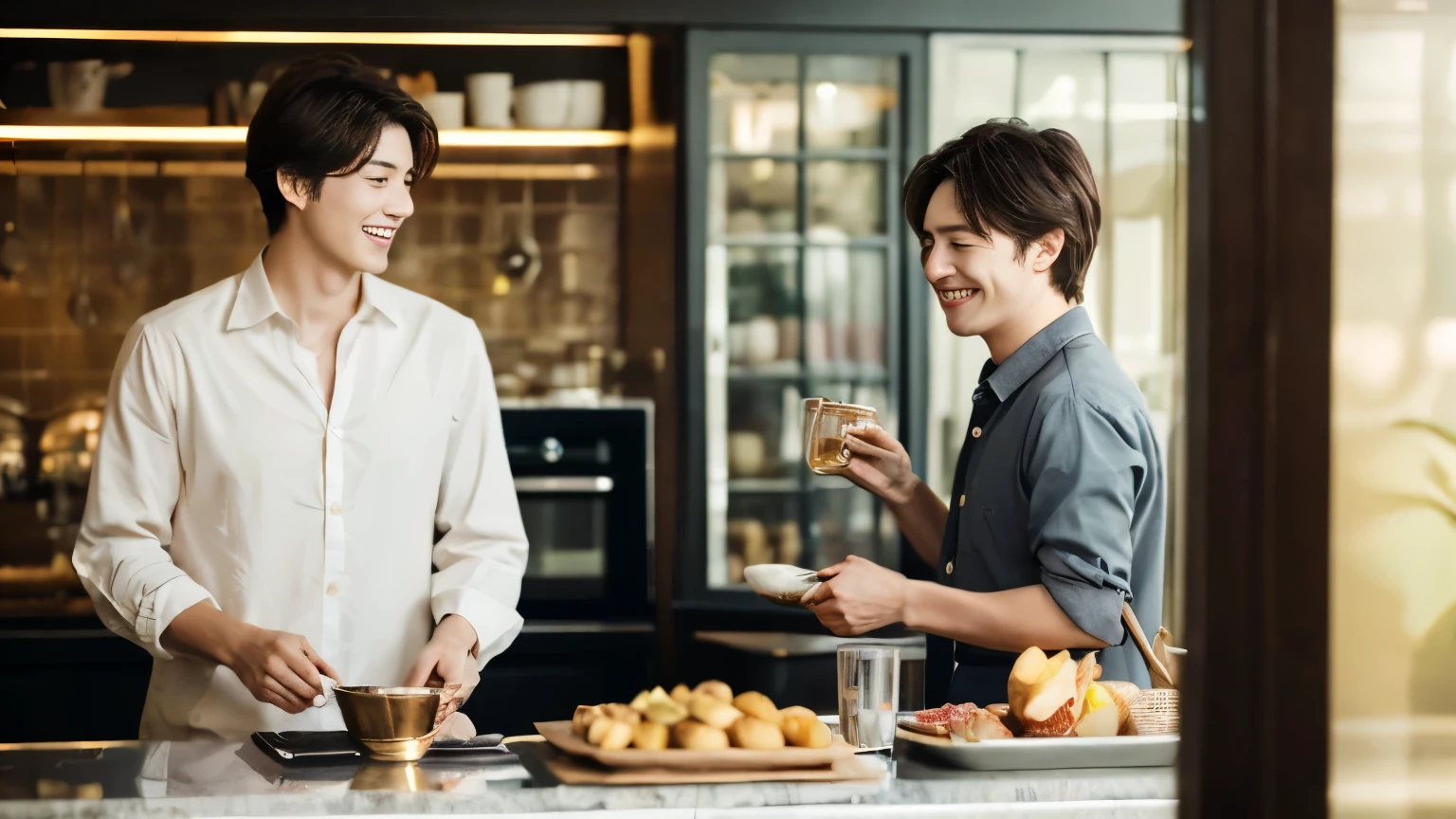 super high quality, thin, The staff is working at the counter in the back.., (8k、RAW Photos、highest quality、masterpiece:1.2), (Realistic、Realistic:1.37), Beautiful Face , Mesh Hair, Golden Ratio, RAW Photos, musician, Light brown hair, Blurred Background, Spring Clothes, Cafe with a calm atmosphere, Well designed furniture, Handsome S-class boys, Super cool S-class guy, a handsome guy, Ruth Palmer, Beautiful hairstyle, White shirt, A kind smile, 30 years old,