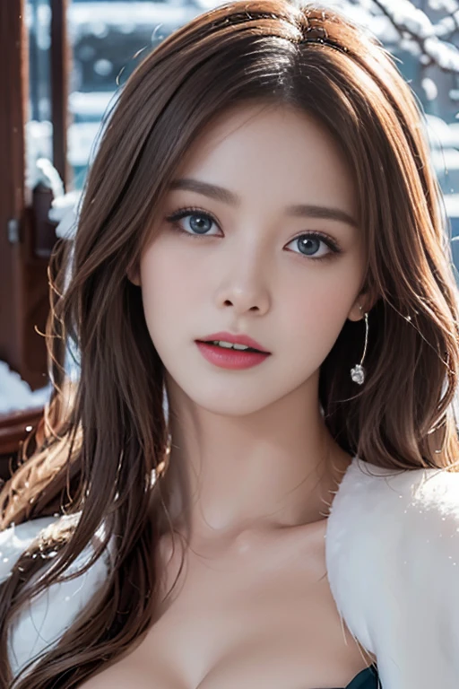 Top quality work,Photorealistic works,Ultra Premium Graphics,8K HD CG works,High-quality graphics,High-definition fine CG works,10x pixel,Ultra-fine details:1.1,Advanced technical details:1.1Photographically realistic, A high resolution ,Transparent hair,High Detail Hair(Premium Hair Detail:1.1)Clear eyes,Good looking double eyelids,Sharp eye makeup, Delicate makeup for eyelashes, Thin eyebrows, ultradetailed eyes,High Nose, lovely red lips, Rose cheeks, Face with delicate makeup , Pretty Face, A perfectly proportioned face,(Advanced facial details:1.1), Women's Artwork,full-body vieoddess of Dress,,amazing,Today's eyes are bright photorealistic, masterpiece, photorealistic, high resolution, soft light, hips up, (Lolita costume),Gorgeous costumeace the audience,(The upper part of the body,upper legeautidful eyes, Brown hair, ringed eyes, (outside,Heavy snowfall,Thick fur cape,Cover with snow),snowfield,Blue eyes