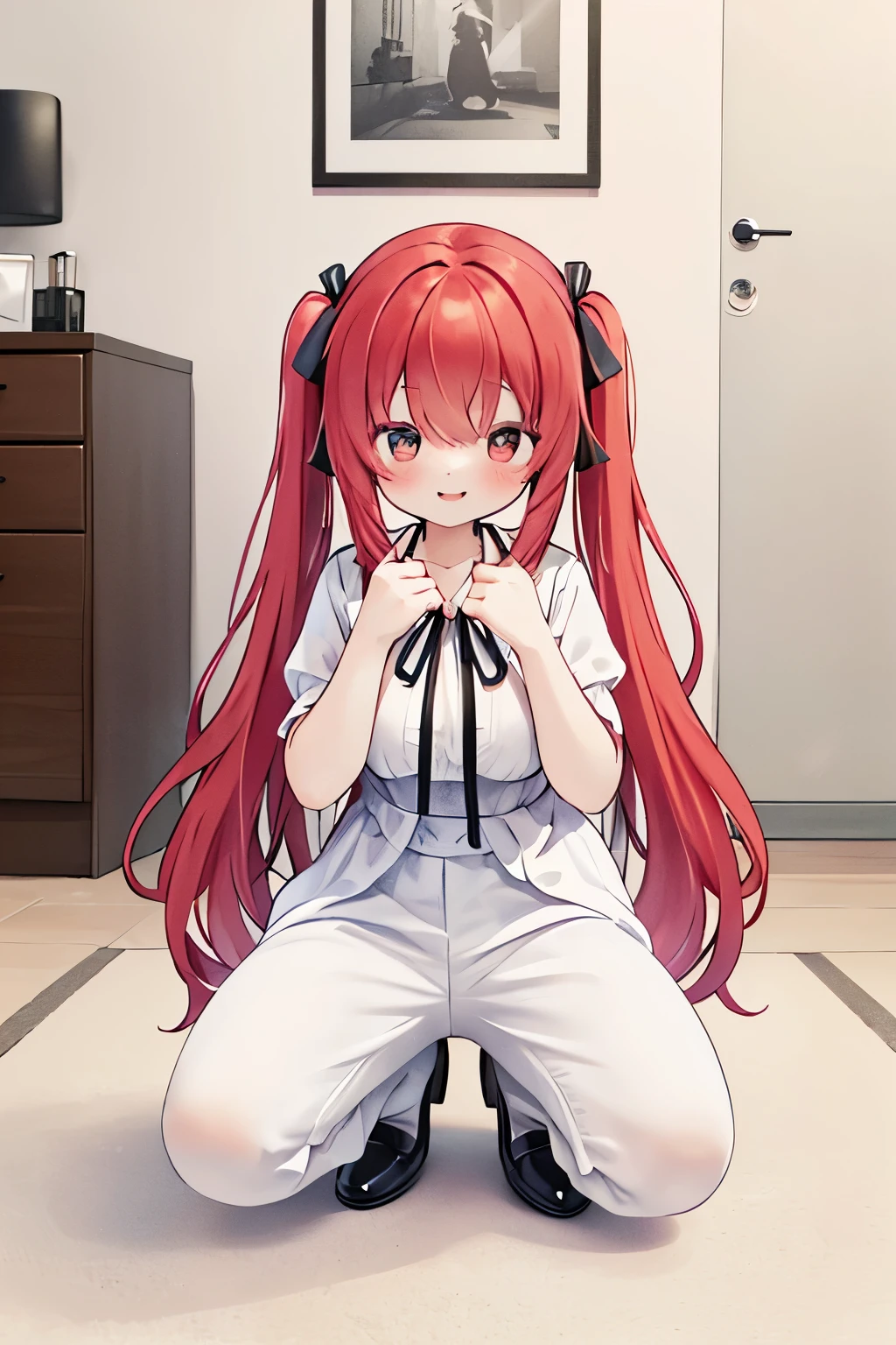 (top-quality、8K、32K、masterpiece、nffsw:1.2)、((Photo of red-eyed woman with bright red hair with cute smile:1.3))、
((Horizontal twin tails tied with a black ribbon:2))、 full body Esbian、
Curly hair:1.3、Zito-order:2、large full breasts、inside in room、Look around、A smile、、(Squatting:1.3)