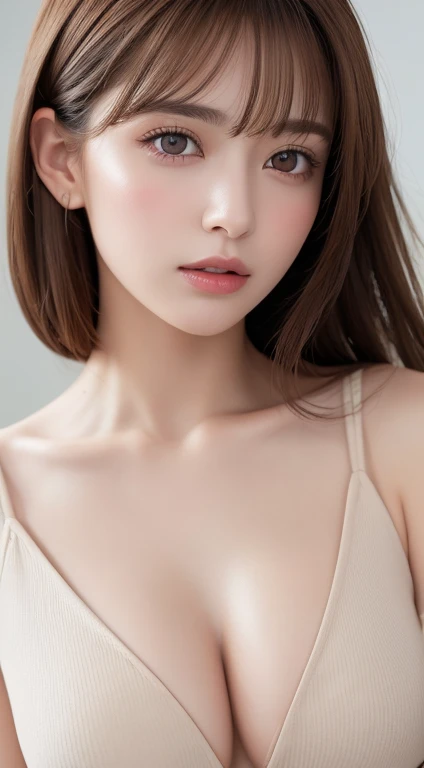 1 female, Light brown hair, Blunt bangs, Hair behind the ear, Hair that falls over the shoulders, Long Hair, Ultra Fine Face, Thin face, Delicate lips, (Beautiful Eyes:1.5), Lightly reddish, eyes are light brown,See this, Ultra-fine needle, very thin fingers, The optimal ratio is four fingers to one thumb., Nipples, Light clothing, Port Area ,First Person View,  8k, Tabletop, Hmph, Super Detail, high quality, 最high quality, High resolution,