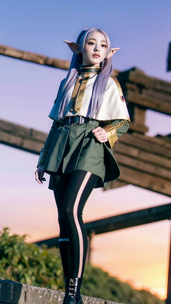 cosmieyes, frieren, frieren, long hair, twintails, (green eyes:1.5), grey hair, pointy ears, elf, shirt, long sleeves, jewelry, pantyhose, earrings, striped, black pantyhose, capelet, striped shirt, looking at viewer, upper body, outdoors, sky, nature, (masterpiece:1.2), best quality, high resolution, unity 8k wallpaper, (beautiful detailed eyes:1.6), extremely detailed face, perfect lighting, extremely detailed CG, (perfect hands, perfect anatomy)