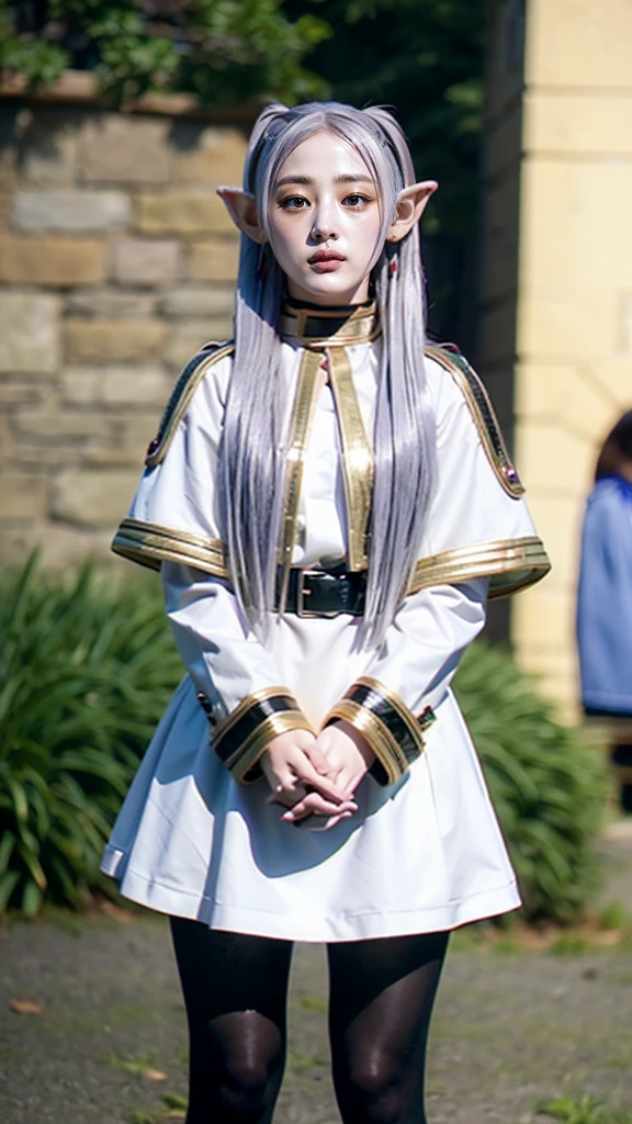 cosmieyes, frieren, frieren, long hair, twintails, (green eyes:1.5), grey hair, pointy ears, elf, shirt, long sleeves, jewelry, pantyhose, earrings, striped, black pantyhose, capelet, striped shirt, looking at viewer, upper body, outdoors, sky, nature, (masterpiece:1.2), best quality, high resolution, unity 8k wallpaper, (beautiful detailed eyes:1.6), extremely detailed face, perfect lighting, extremely detailed CG, (perfect hands, perfect anatomy)