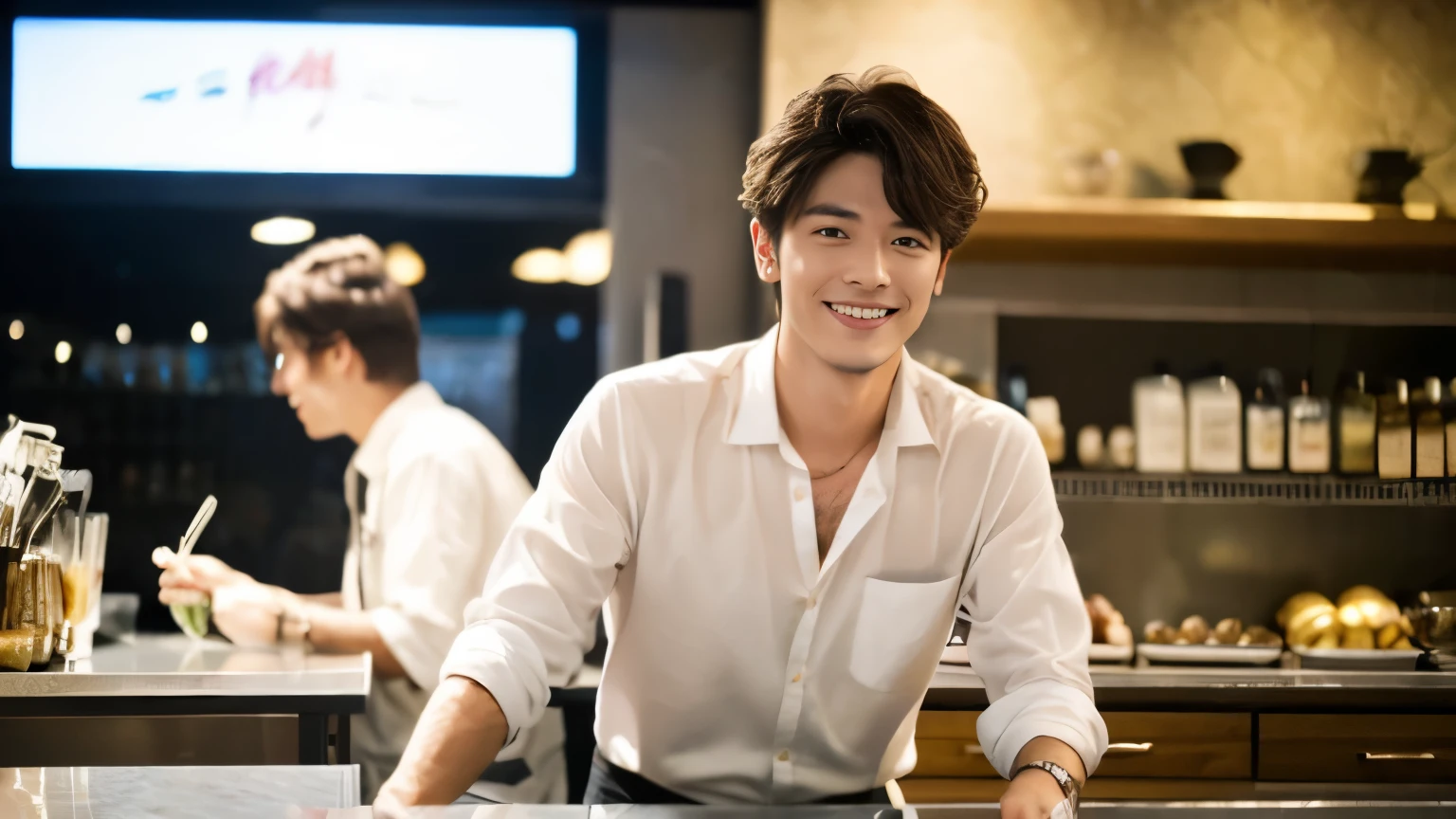 super high quality, thin, The staff is working at the counter in the back.., (8k、RAW Photos、highest quality、masterpiece:1.2), (Realistic、Realistic:1.37), Beautiful Face , Mesh Hair, Golden Ratio, RAW Photos, musician, Light brown hair, Blurred Background, Spring Clothes, Cafe with a calm atmosphere, Well designed furniture, Handsome S-class boys, Super cool S-class guy, a handsome guy, Ruth Palmer, Beautiful hairstyle, White shirt, A kind smile, 30 years old, 
