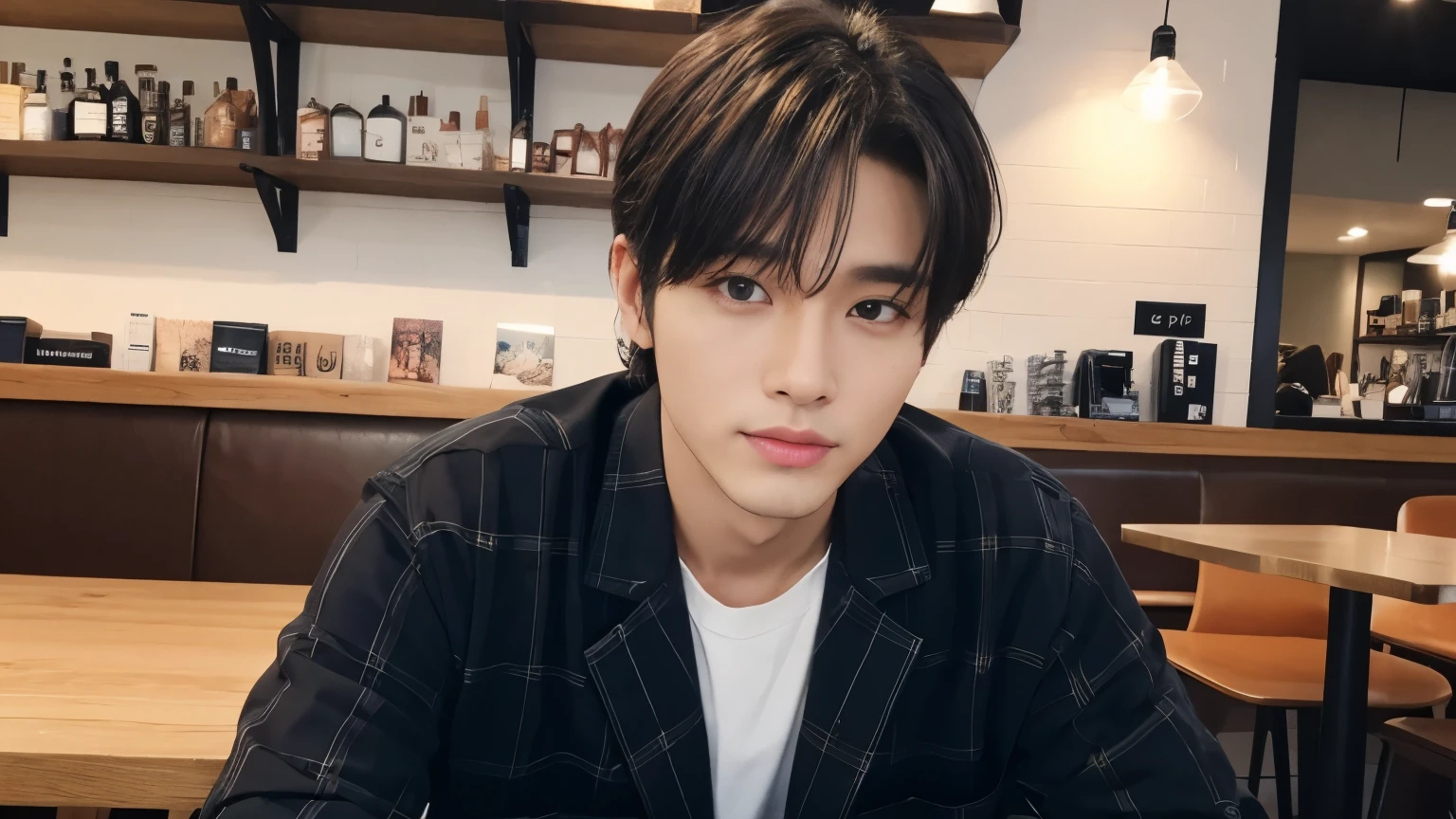musician、Breezy, Handsome man in his 40s、（Super cool S-class guy）、Japanese Male, 30 years old、、Photo taken in a cafe、a handsome guy、（CG Unity 8K high resolution photo）、（Very detailedＳクラスのa handsome guy性）、（Realistic）、（highest quality））、Very detailed、super high quality、expensive、audience、kind person、Very beautiful hair　Perm Hair、Bright photo、Handsome like a model、Handsome like an idol、Looking at the camera、inside a stylish cafe