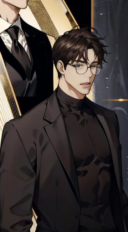 Mature male wearing golden glasses,wearing black suits,a broad shouldered,large tall,dark brown hair
