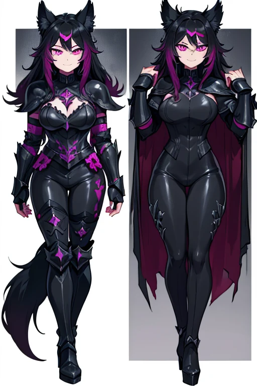 female, black long hair with magenta highlights, silver eyes, black wolf ears, black wolf tail (((1girl))), (((black metal armor))), (black pants), (black metal gauntlets), (black metal heeled boots), (magenta cape), cute and sexy, full body, large breasts, large butt, long legs, smiling