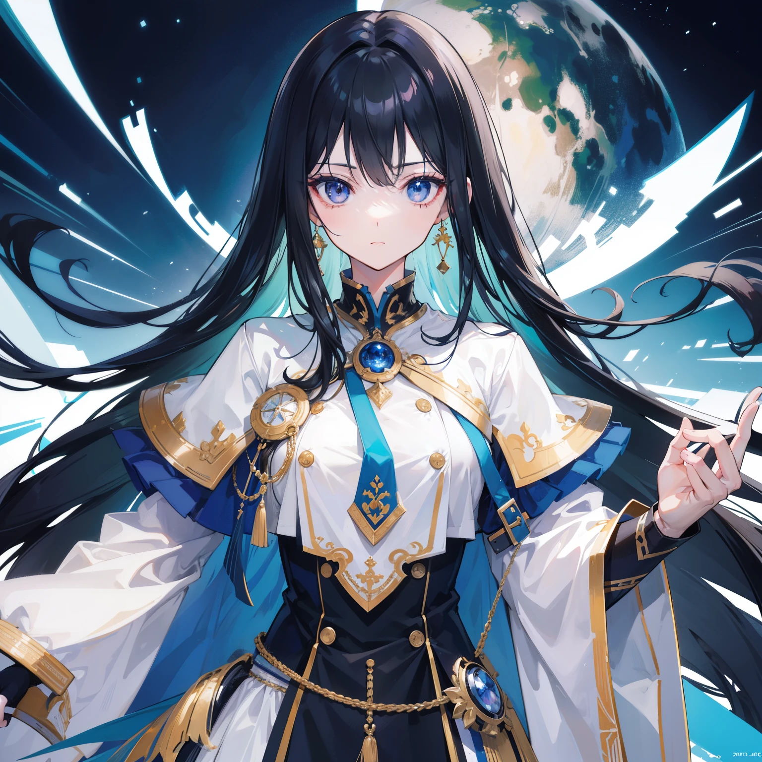 girl,Long Black Hair, The inside of the hair is blue、Iris,White coat,uniform、masterpiece, highest quality, Super detailed, Downcast eyes,Tabletop, highest quality), (Perfect athletic body:1.2),8K High Resolution, Trend Art Station, White Background, Standing in the Wilderness,whole body、Crow-shaped gauntlets