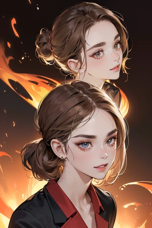 (masutepiece, 4K,8K, Ultra-detailed, beautiful image, Sharp Image, Photorealsitic,Perfect face, Perfect lines, Perfect eyes, Soft lighting) 1 woman, (lightbrown hair,Chignon hair in a high position,Innocent look,Lowered eyebrows,drooping eyebrows,drooing eyes,cute large eyes,natural make up,kindly smile,Round jaws,a matural female:1.3),Two handsome embers in suits, (ember,Ember sex is in a suit,well-muscled,Firm shoulder width, ember's,Boyish hairstyle,English gentlemanly style,Cool look mature ember sex,Bright smiling mature ember sex:1.2),(Nervous,be shy,sleepy,embarrassed from:1.2),innocent smiles,(embarrassed from,Shy smile:1.1),the kiss、a couple、a couplethe kiss、Romance、Lace white shirt、Skinny Denim