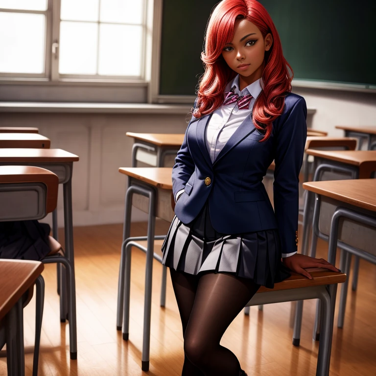 masterpiece, highest quality, Very detailed, figure, (Realistic:1.2), One girl, alone, Dark Skin, Redhead, classroom, lily, Intimate, blazer, Glamour, boots, Improve, pantyhose, Pleated skirt、Gal