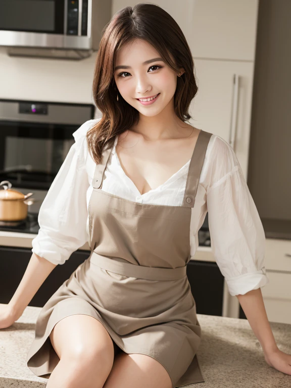 ((highest quality))、(Natural and realistic eyeasterpiece、8K、photograph、reality、Japanese women、1 person、30th Generation、married、From the knee up、kitchen、V-neck dresini skirt、apron、(Sexy smile)、clear、Beautiful woman、Elegant