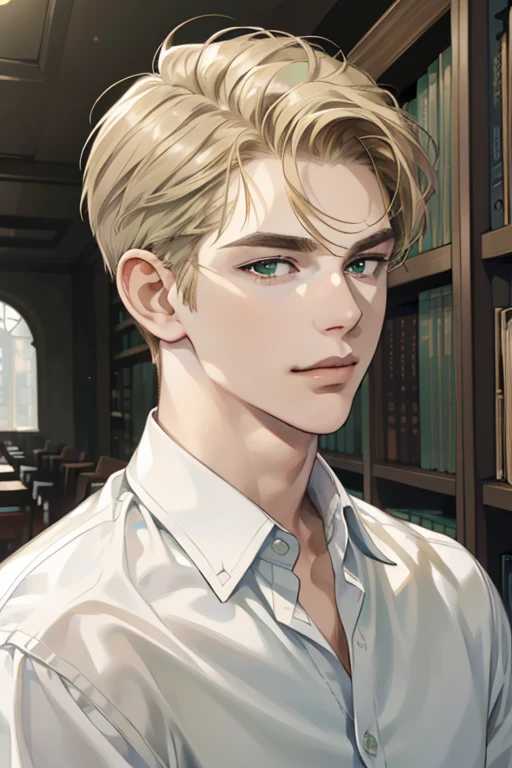 masterpiece, best quality, realistic, 1man, mature male, quiet and charming young man, 18 years old, a smirk, closed mouth, portrait, extremely detailed face, a little distant, ((dark green eyes)), ((short-side-swept sandy blonde hair)), [thick eyebrows], library, ((White shirt))